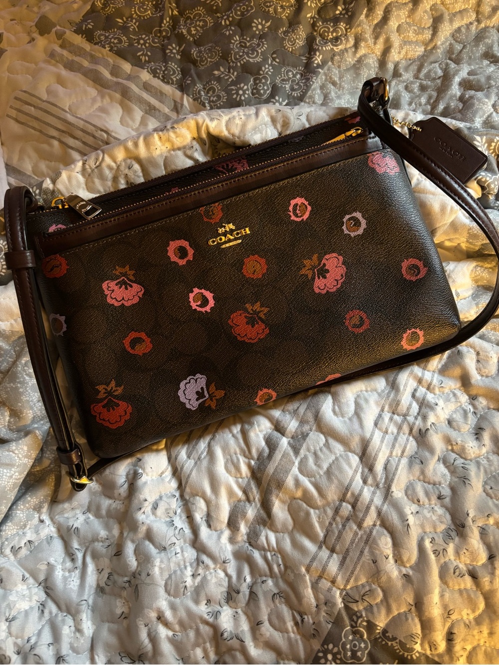 Coach Brown Floral Print Crossbody with Gold Hardware